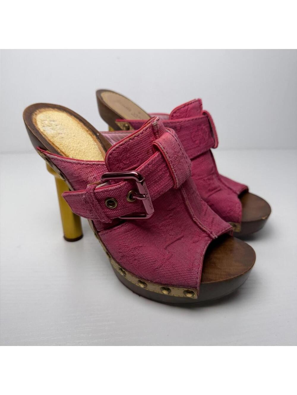 Louis Vuitton Pink Monogram Denim Neo Mules Clogs Sandals Heels SZ 37 Wood Gold